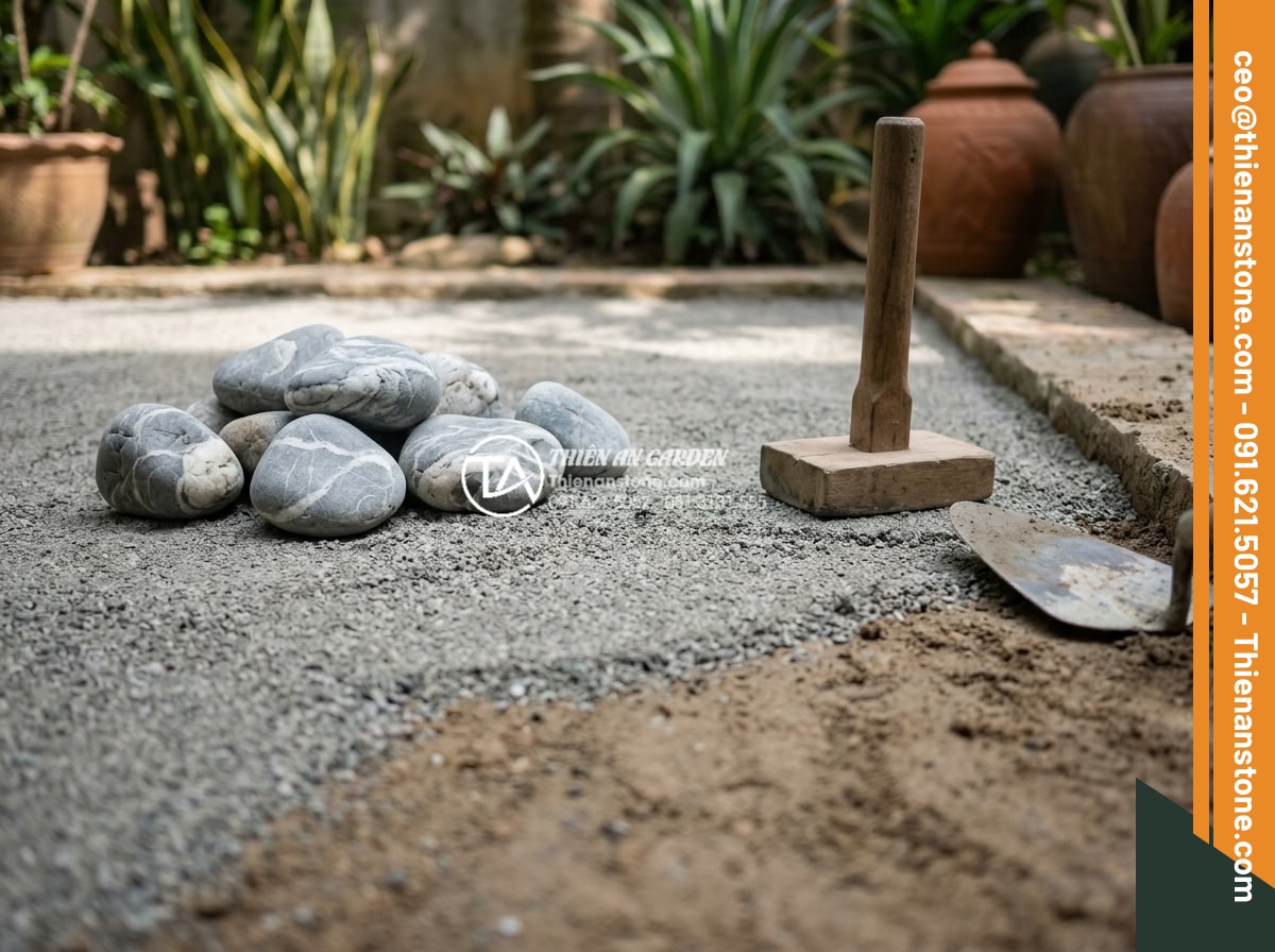 5 Sai lầm phổ biến khi thi công đá cuội vân mây khiến sân vườn mất cân đối - Hình 13 5 Sai lầm phổ biến khi thi công đá cuội vân mây khiến sân vườn mất cân đối - Step-by-step installation process photos of pebble stones being carefully placed