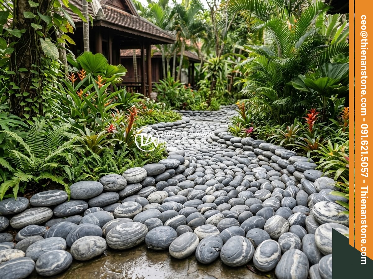 5 Sai lầm phổ biến khi thi công đá cuội vân mây khiến sân vườn mất cân đối - Hình 16 5 Sai lầm phổ biến khi thi công đá cuội vân mây khiến sân vườn mất cân đối - Panoramic view of a luxurious resort garden featuring expertly laid pebble stone