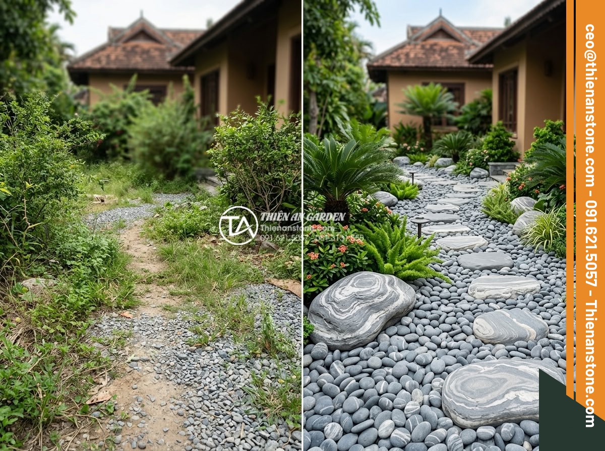 5 Sai lầm phổ biến khi thi công đá cuội vân mây khiến sân vườn mất cân đối - Hình 17 5 Sai lầm phổ biến khi thi công đá cuội vân mây khiến sân vườn mất cân đối - Luxurious villa garden transformation using high-end pebble stones from a profes