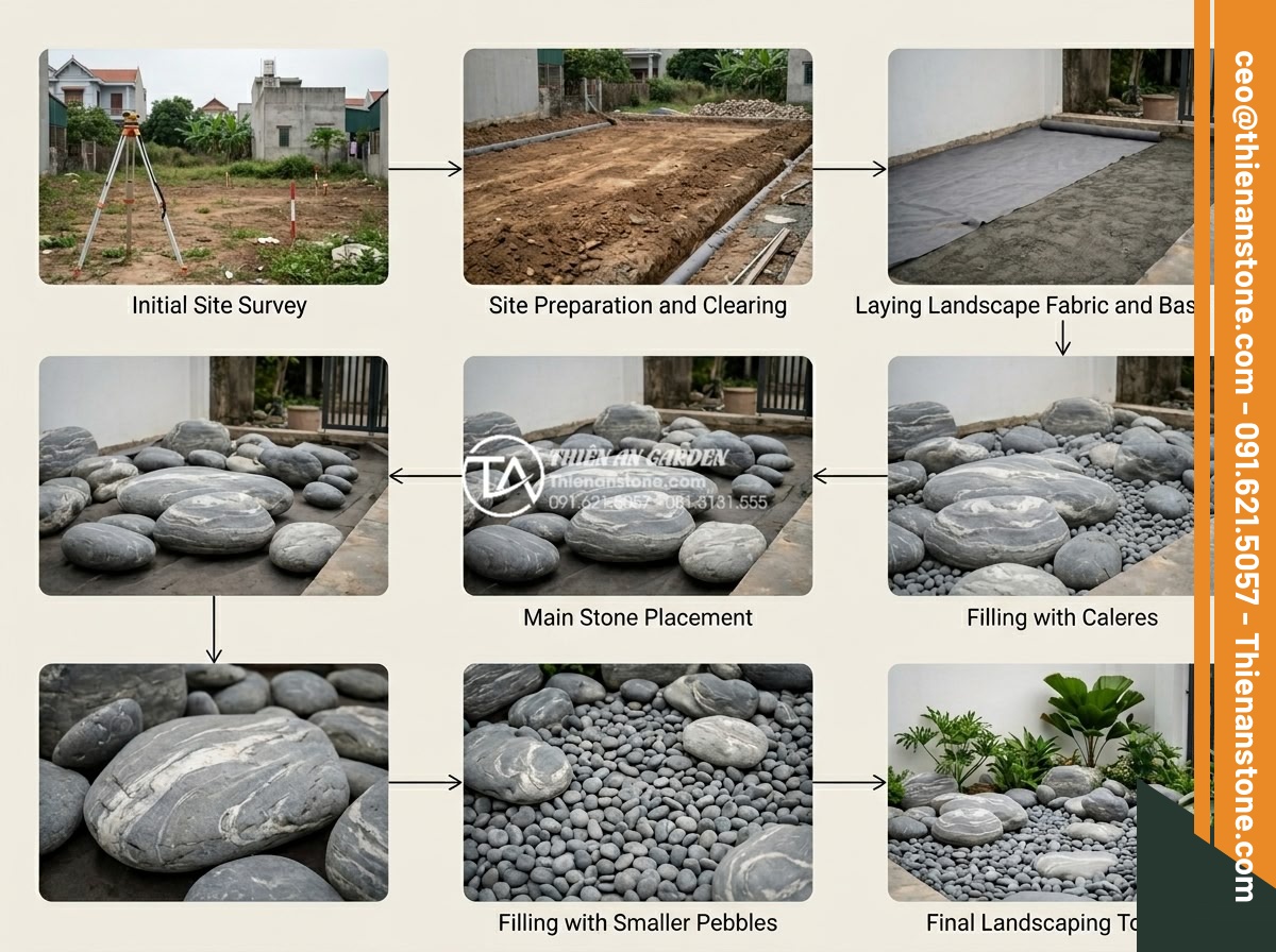 5 Sai lầm phổ biến khi thi công đá cuội vân mây khiến sân vườn mất cân đối - Hình 19 5 Sai lầm phổ biến khi thi công đá cuội vân mây khiến sân vườn mất cân đối - Professional construction timeline infographic with photos of each stage in pebb