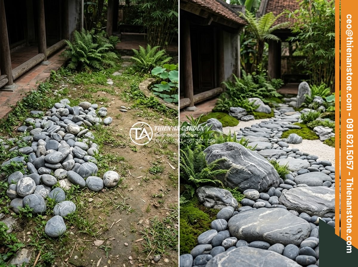 5 Sai lầm phổ biến khi thi công đá cuội vân mây khiến sân vườn mất cân đối - Hình 3 5 Sai lầm phổ biến khi thi công đá cuội vân mây khiến sân vườn mất cân đối - Before and after comparison image showing an unbalanced pebble stone garden layo