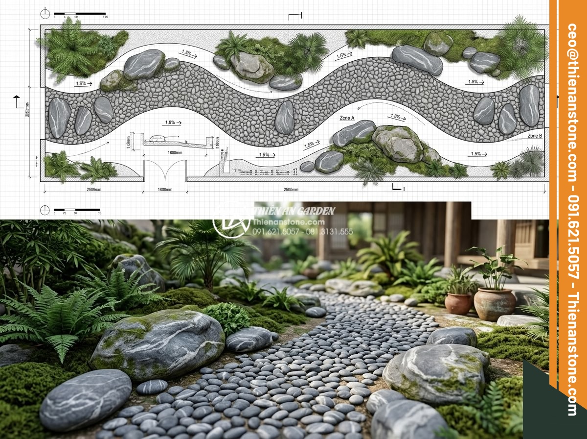 5 Sai lầm phổ biến khi thi công đá cuội vân mây khiến sân vườn mất cân đối - Hình 4 5 Sai lầm phổ biến khi thi công đá cuội vân mây khiến sân vườn mất cân đối - Technical blueprint and 3D rendering of a detailed garden layout plan using clou