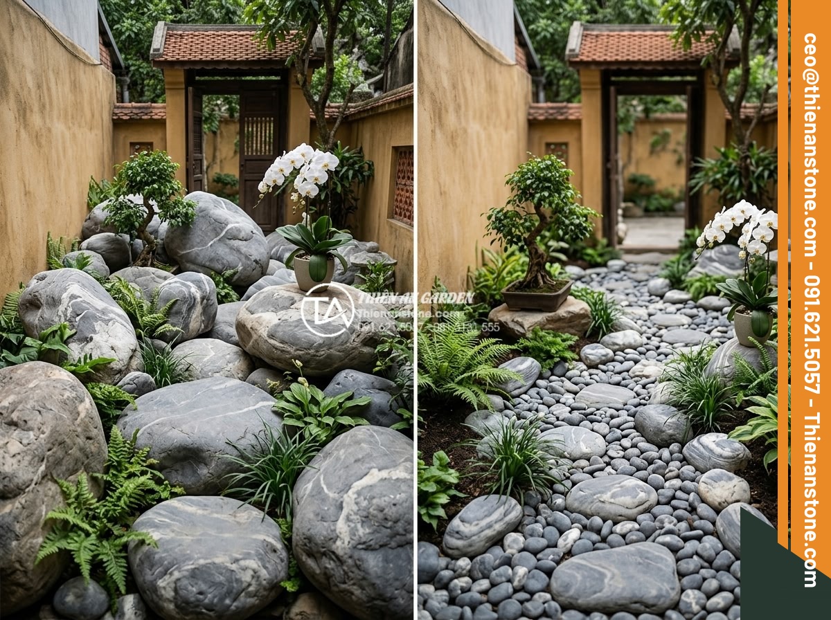 5 Sai lầm phổ biến khi thi công đá cuội vân mây khiến sân vườn mất cân đối - Hình 5 5 Sai lầm phổ biến khi thi công đá cuội vân mây khiến sân vườn mất cân đối - Side-by-side photos of a small garden overwhelmed by oversized pebble stones ver