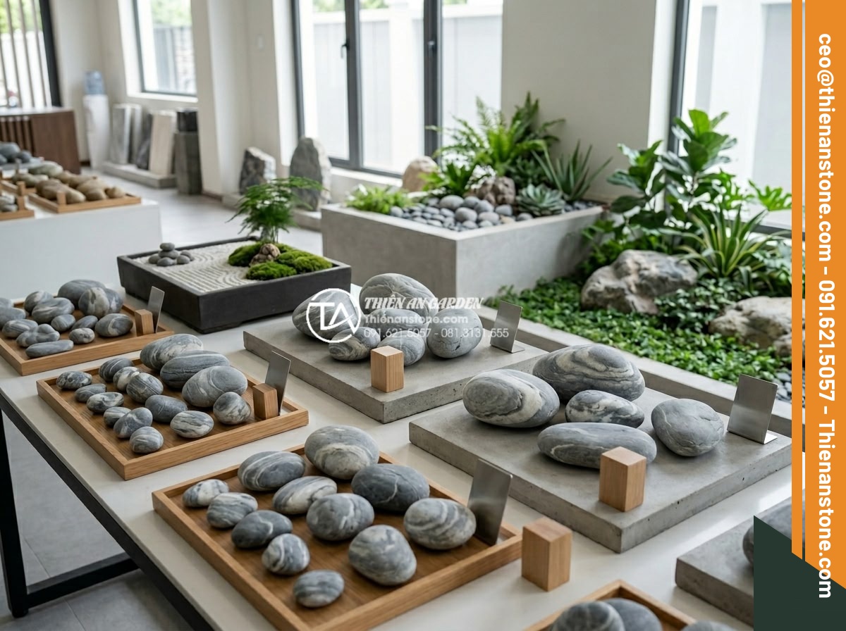 5 Sai lầm phổ biến khi thi công đá cuội vân mây khiến sân vườn mất cân đối - Hình 6 5 Sai lầm phổ biến khi thi công đá cuội vân mây khiến sân vườn mất cân đối - Variety of cloud-veined pebble stone sizes displayed in a professional showroom