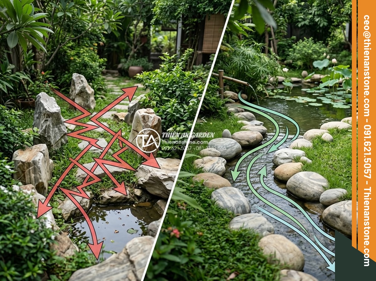 5 Sai lầm phổ biến khi thi công đá cuội vân mây khiến sân vườn mất cân đối - Hình 7 5 Sai lầm phổ biến khi thi công đá cuội vân mây khiến sân vườn mất cân đối - Feng shui diagram overlaid on a garden photo demonstrating incorrect stone place