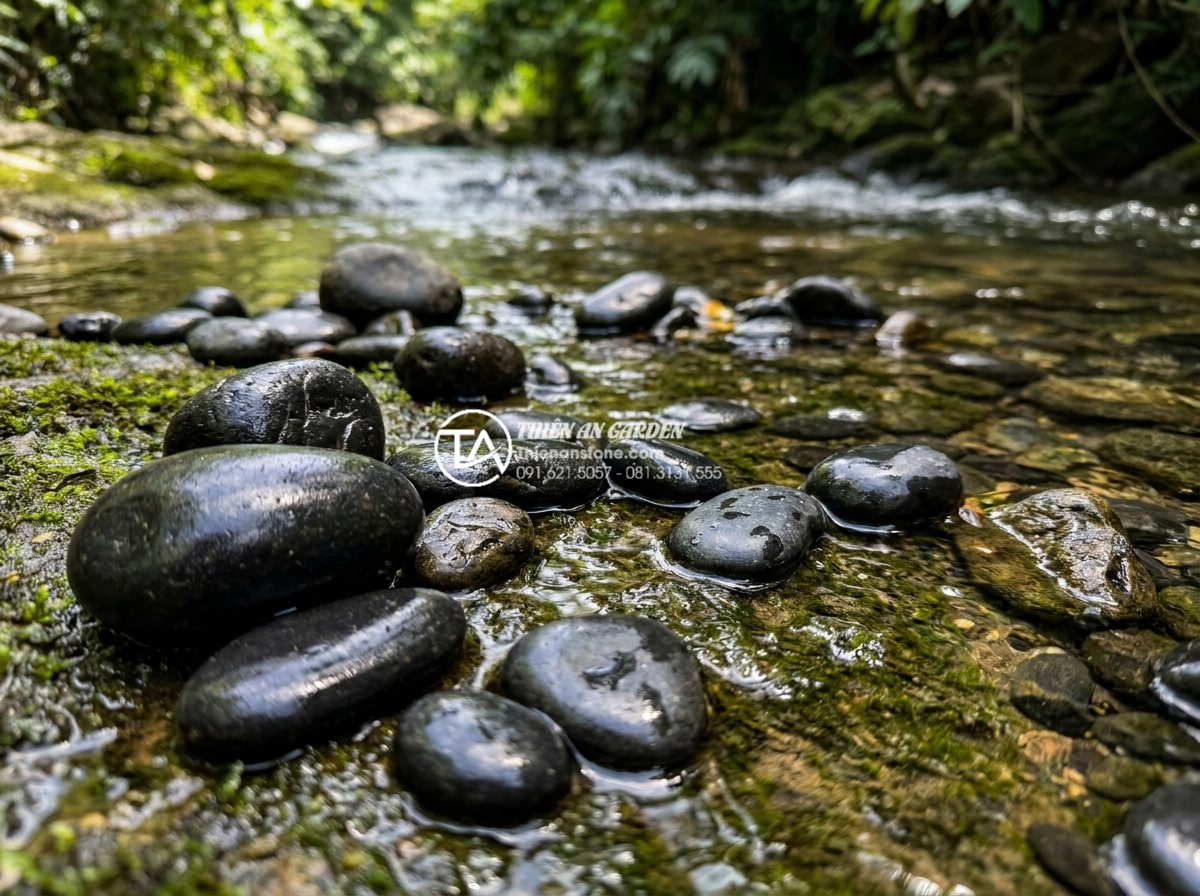 Báo giá đá cuội suối 2026: Cập nhật giá đá cuội lớn, nhỏ và sỏi cuội - High-resolution close-up photograph of natural river pebble stones with smooth p