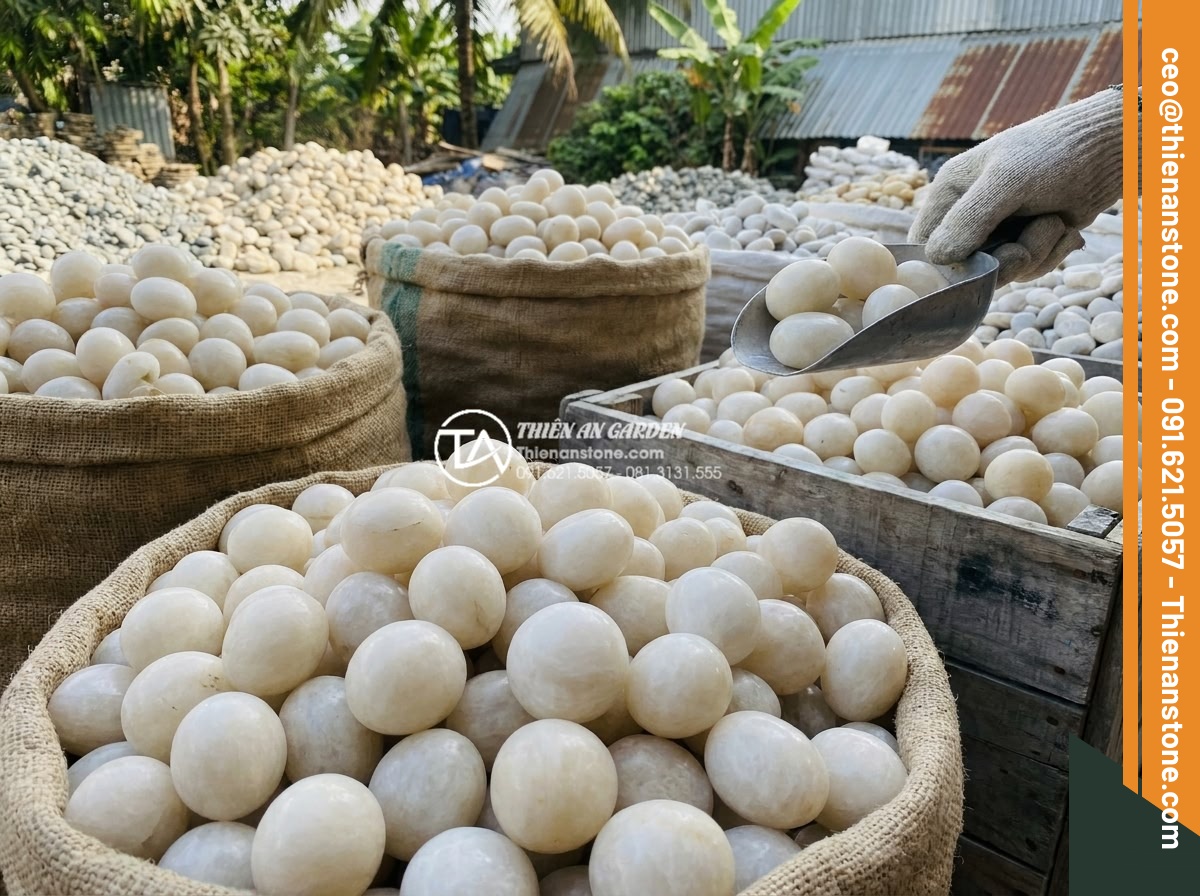 Báo giá đá cuội suối 2026: Cập nhật giá đá cuội lớn, nhỏ và sỏi cuội - Hình 16 Báo giá đá cuội suối 2026: Cập nhật giá đá cuội lớn, nhỏ và sỏi cuội - Customer selecting high quality natural pebbles at stone yard, various piles of