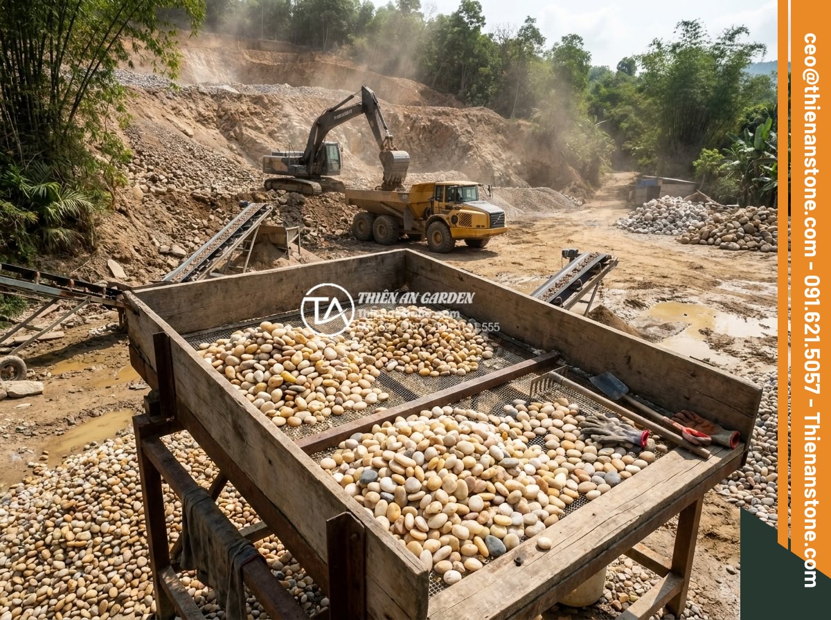 Báo giá đá cuội suối 2026: Cập nhật giá đá cuội lớn, nhỏ và sỏi cuội - Hình 6 Báo giá đá cuội suối 2026: Cập nhật giá đá cuội lớn, nhỏ và sỏi cuội - Realistic scene of stone quarry with workers extracting natural river pebbles, h
