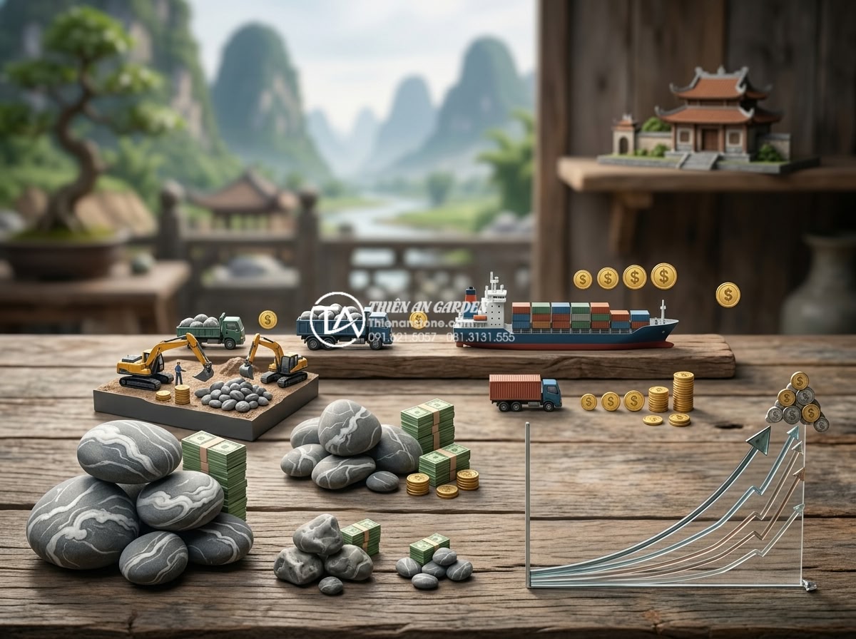 Báo giá đá cuội vân mây 2026: Cập nhật chi tiết theo kích thước và chủng loại - Hình 5 Báo giá đá cuội vân mây 2026: Cập nhật chi tiết theo kích thước và chủng loại - Infographic style image showing factors affecting stone pricing including mining