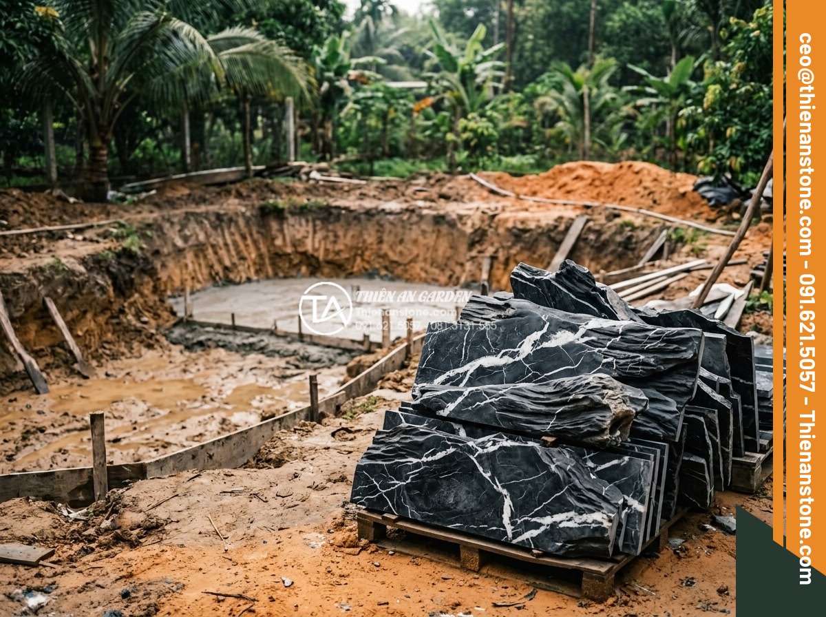 Báo giá đá lũa đen 2026: Giá sỉ và lẻ tại xưởng mới nhất - Hình 17 Báo giá đá lũa đen 2026: Giá sỉ và lẻ tại xưởng mới nhất - Step-by-step construction process photos of installing large black lava stones i