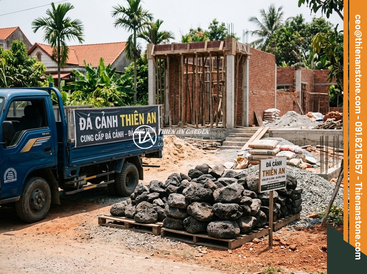 Báo giá đá lũa đen 2026: Giá sỉ và lẻ tại xưởng mới nhất - Hình 20 Báo giá đá lũa đen 2026: Giá sỉ và lẻ tại xưởng mới nhất - Happy customer receiving delivered black lava stones at their villa construction