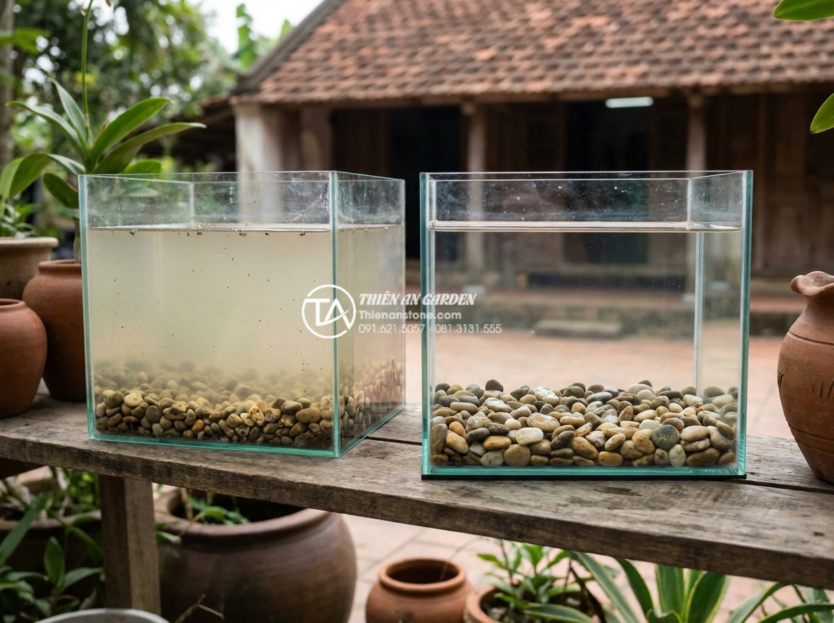 Bể thủy sinh đá cuội: Cách chọn đá và kỹ thuật setup không làm tăng pH - Hình 17 Bể thủy sinh đá cuội: Cách chọn đá và kỹ thuật setup không làm tăng pH - Common aquarium mistakes illustration showing cloudy water from untreated pebble