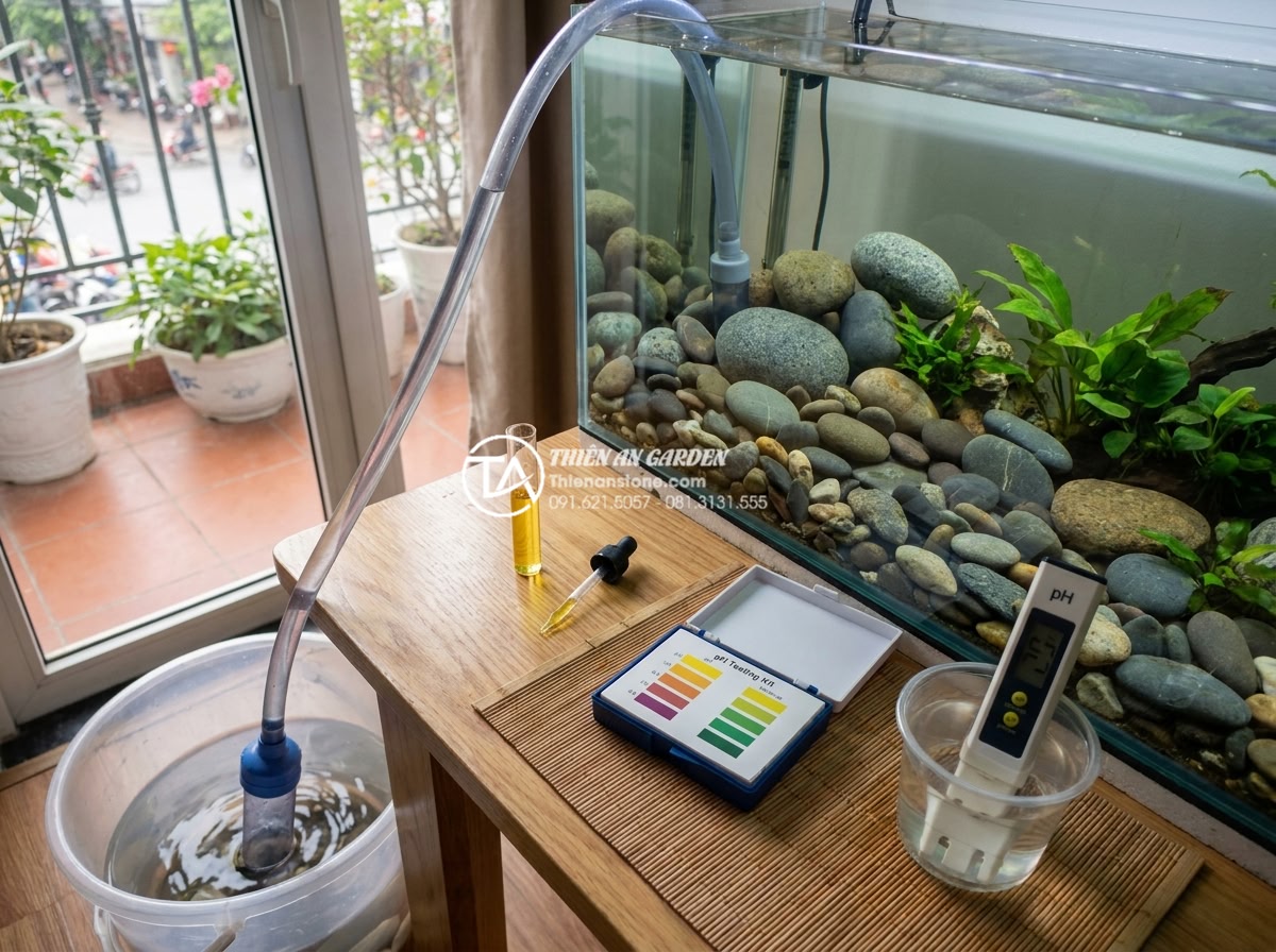 Bể thủy sinh đá cuội: Cách chọn đá và kỹ thuật setup không làm tăng pH - Hình 19 Bể thủy sinh đá cuội: Cách chọn đá và kỹ thuật setup không làm tăng pH - Maintenance routine for pebble aquarium including water change, vacuuming substr