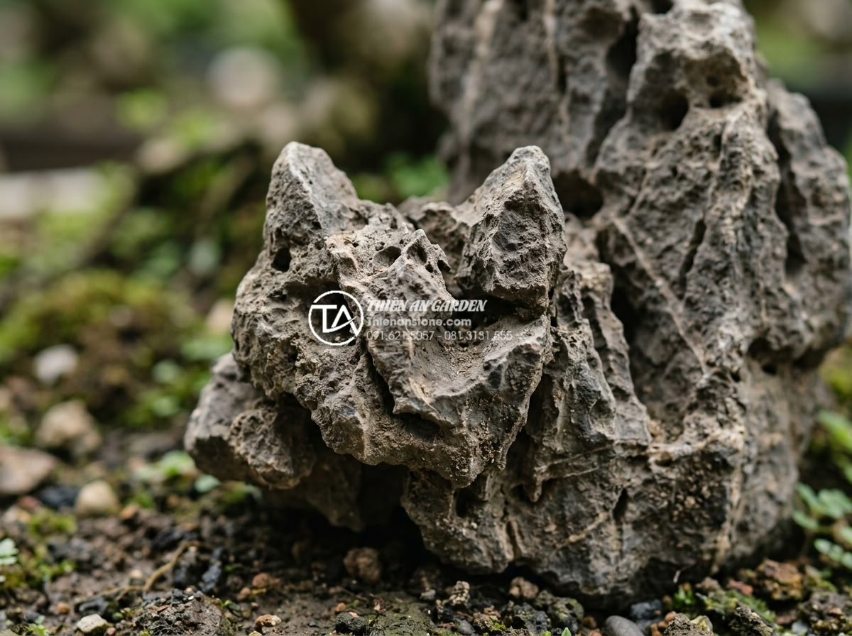 Cách chọn đá tai mèo làm bonsai: Bí quyết tạo tác phẩm nghệ thuật - Close-up view of natural cat ear stone with porous texture, natural holes resemb