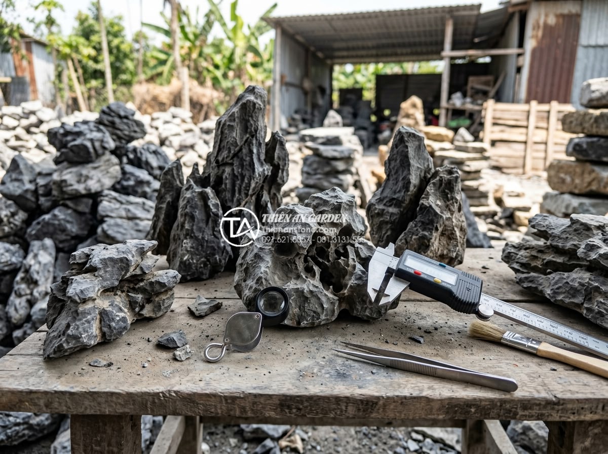 Cách chọn đá tai mèo làm bonsai: Bí quyết tạo tác phẩm nghệ thuật - Professional examining cat ear stones with tools for quality testing in a stone 