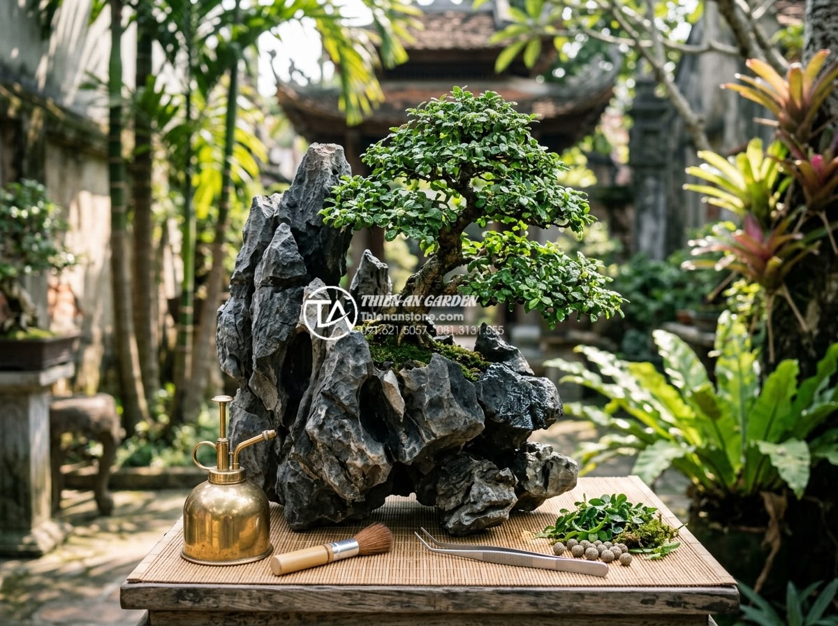 Cách chọn đá tai mèo làm bonsai: Bí quyết tạo tác phẩm nghệ thuật - Maintenance routine for cat ear stone bonsai including watering, cleaning, and s