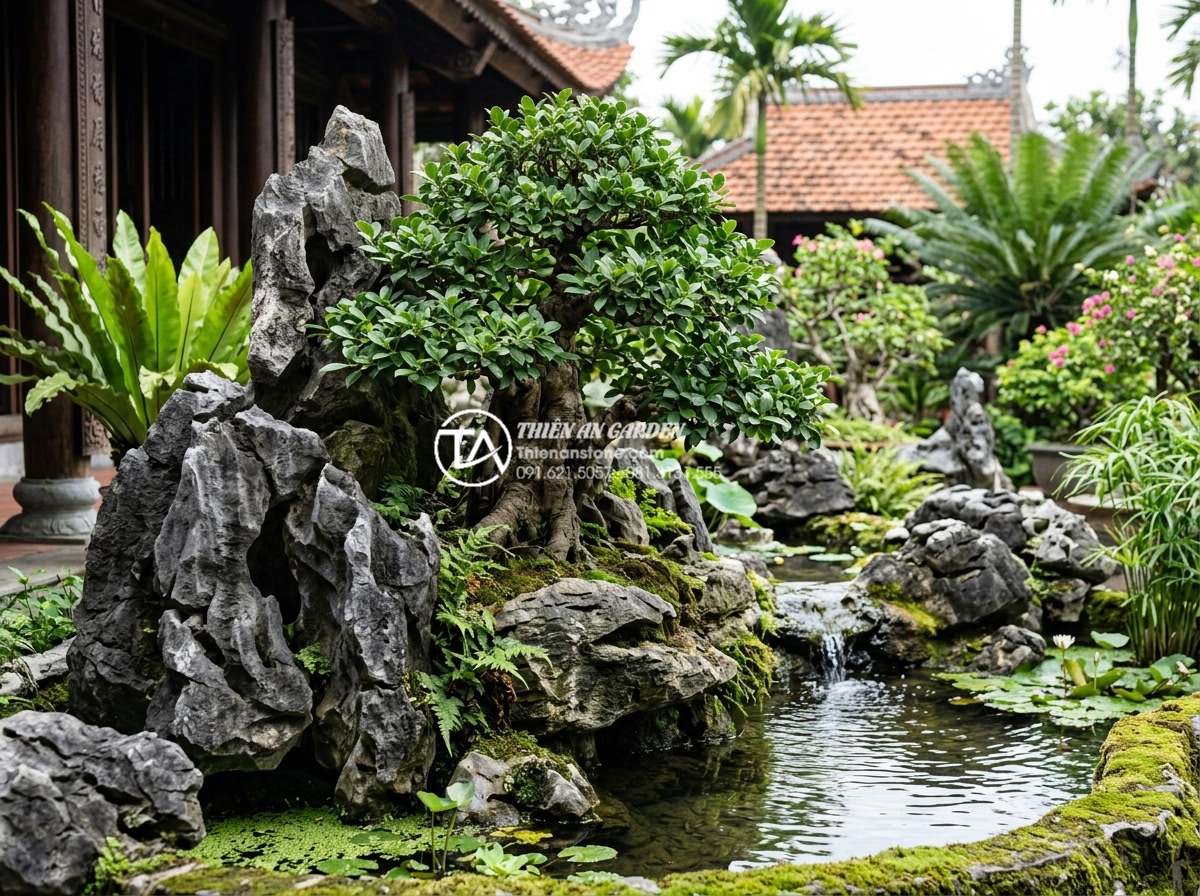 Cách chọn đá tai mèo làm bonsai: Bí quyết tạo tác phẩm nghệ thuật - Artistic display of mature bonsai using cat ear stones with lush green foliage, 