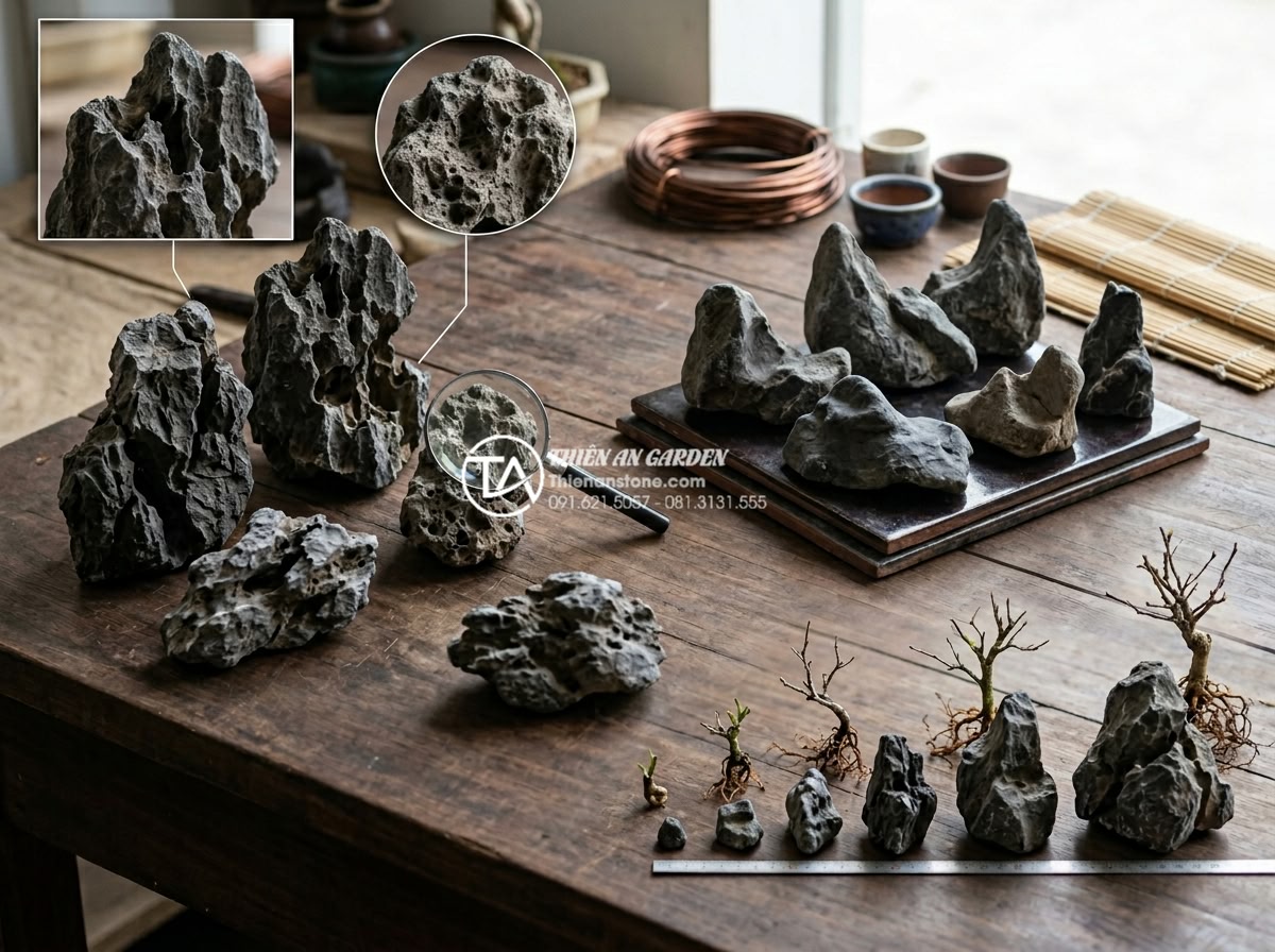 Cách chọn đá tai mèo làm bonsai: Bí quyết tạo tác phẩm nghệ thuật - Detailed selection criteria illustration of cat ear stones showing porous surfac
