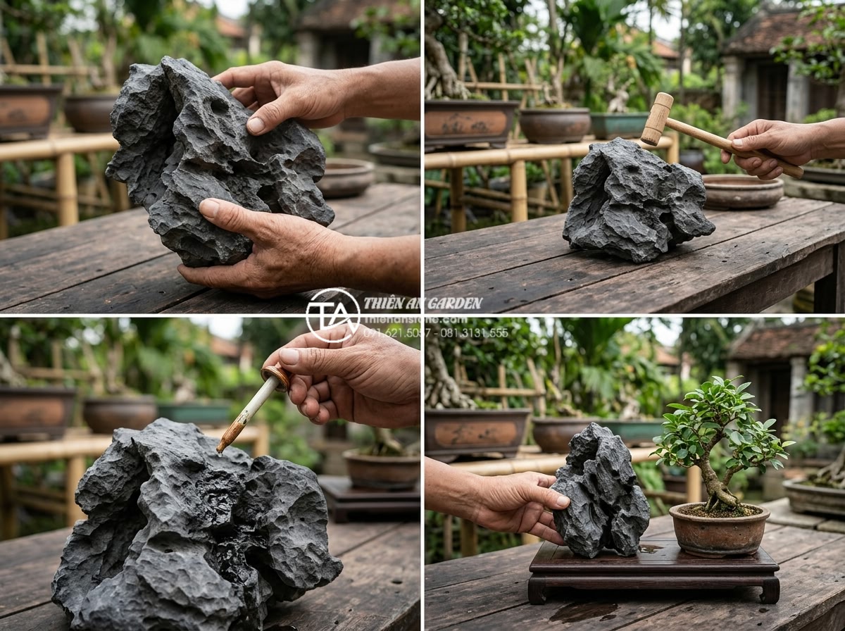 Cách chọn đá tai mèo làm bonsai: Bí quyết tạo tác phẩm nghệ thuật - Step-by-step physical inspection of cat ear stone including tapping for sound te