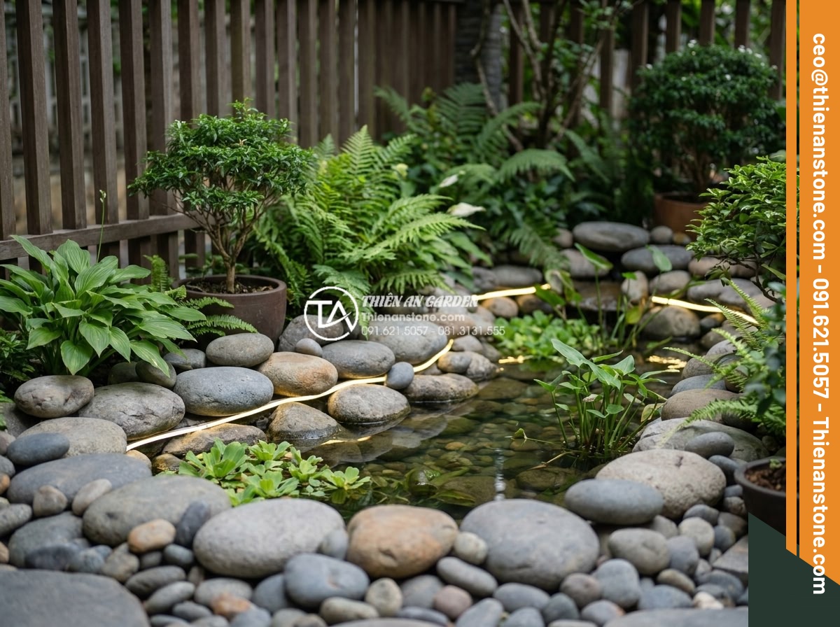 Cách trang trí đá cuội gầm cầu thang và giếng trời đẹp như kiến trúc sư - Harmonious combination of pebble stones green plants small water pond and LED ac