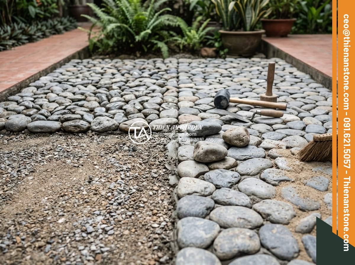 Cách trang trí đá cuội gầm cầu thang và giếng trời đẹp như kiến trúc sư - Professional installation process of pebble stones showing base layer stone plac