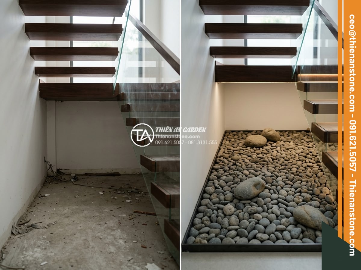 Cách trang trí đá cuội gầm cầu thang và giếng trời đẹp như kiến trúc sư - Real project photo of luxury villa under-stair pebble decoration completed by pr