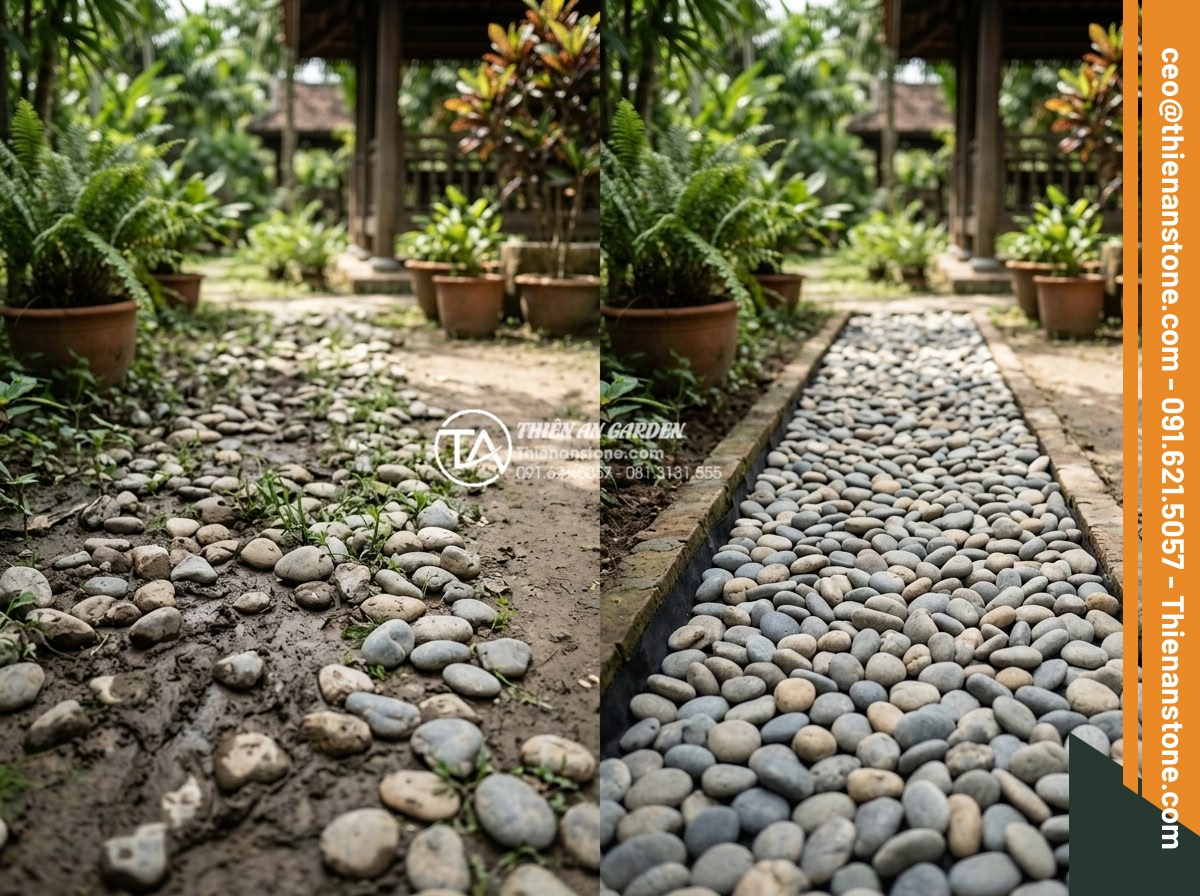 Cách trang trí đá cuội gầm cầu thang và giếng trời đẹp như kiến trúc sư - Warning signs and common mistakes in pebble stone decoration with correct versus