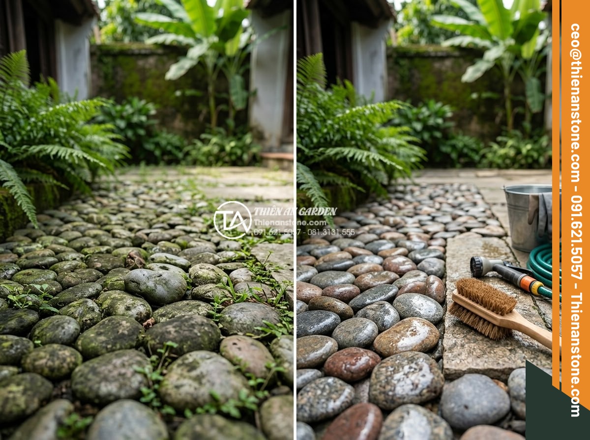 Cách trang trí đá cuội gầm cầu thang và giếng trời đẹp như kiến trúc sư - Maintenance guide showing cleaning process tools and before after results for lo