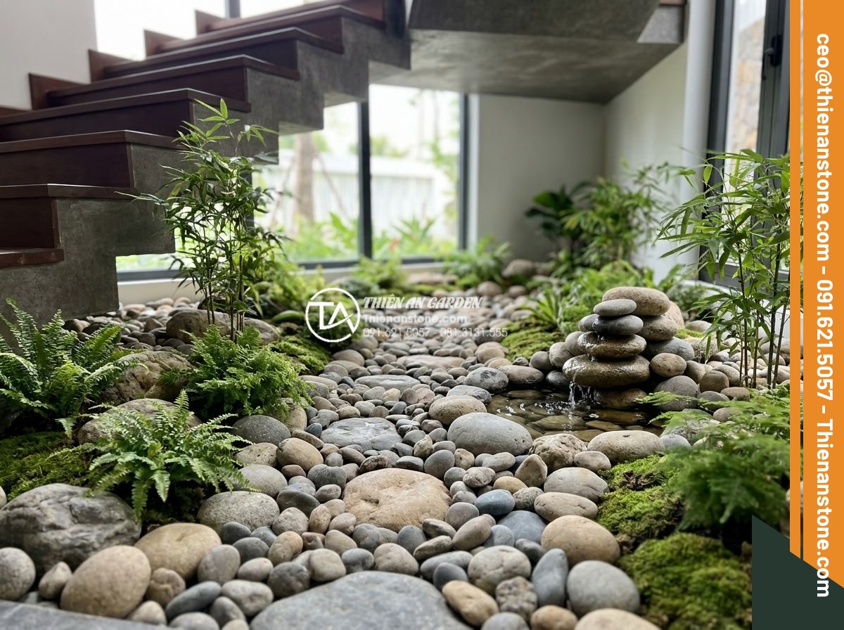 Cách trang trí đá cuội gầm cầu thang và giếng trời đẹp như kiến trúc sư - Wide panoramic view of elegantly decorated under-stair space using varied size p