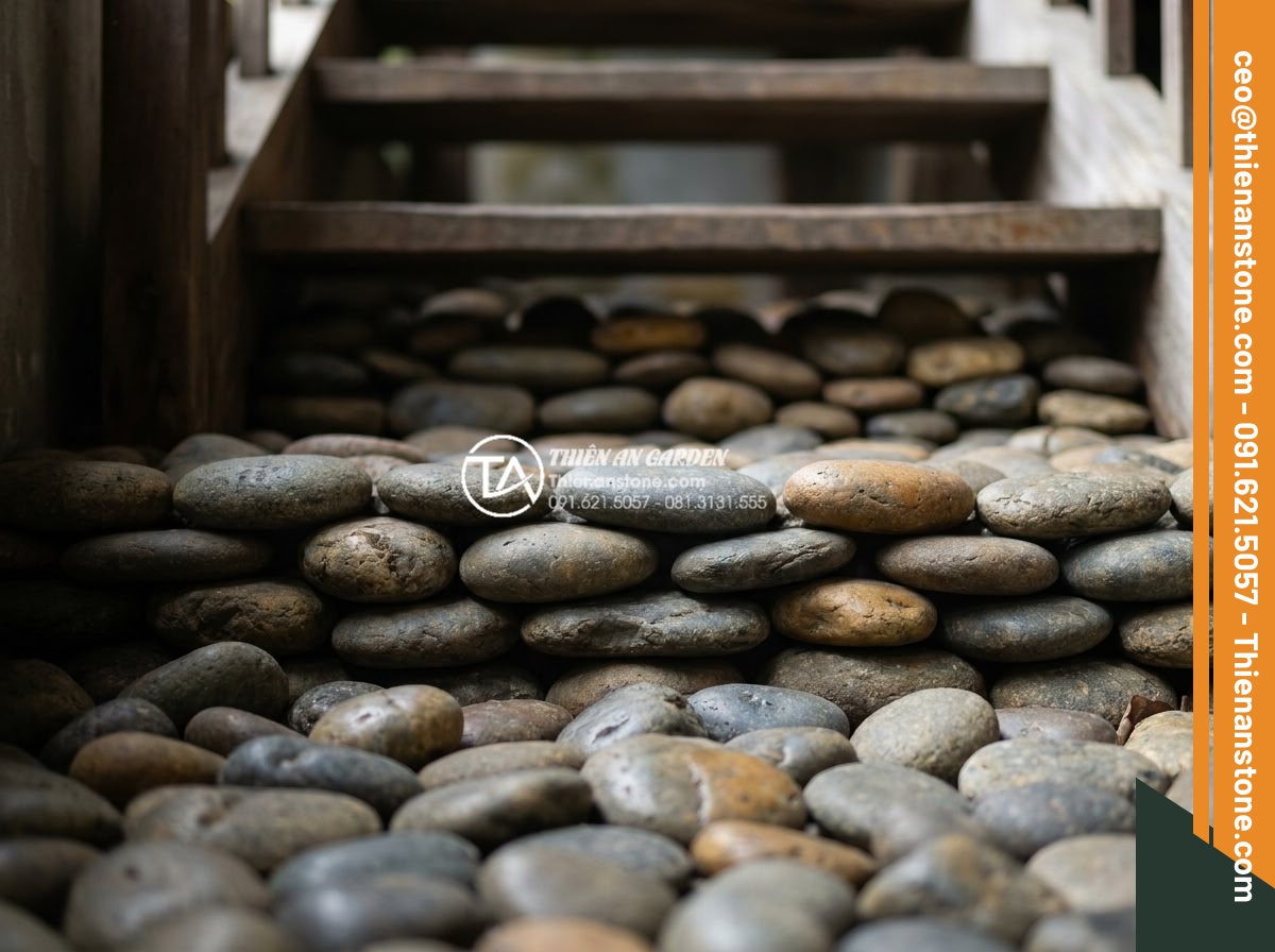 Cách trang trí đá cuội gầm cầu thang và giếng trời đẹp như kiến trúc sư - Detailed close-up of smooth river pebbles in various natural earth tones arrange