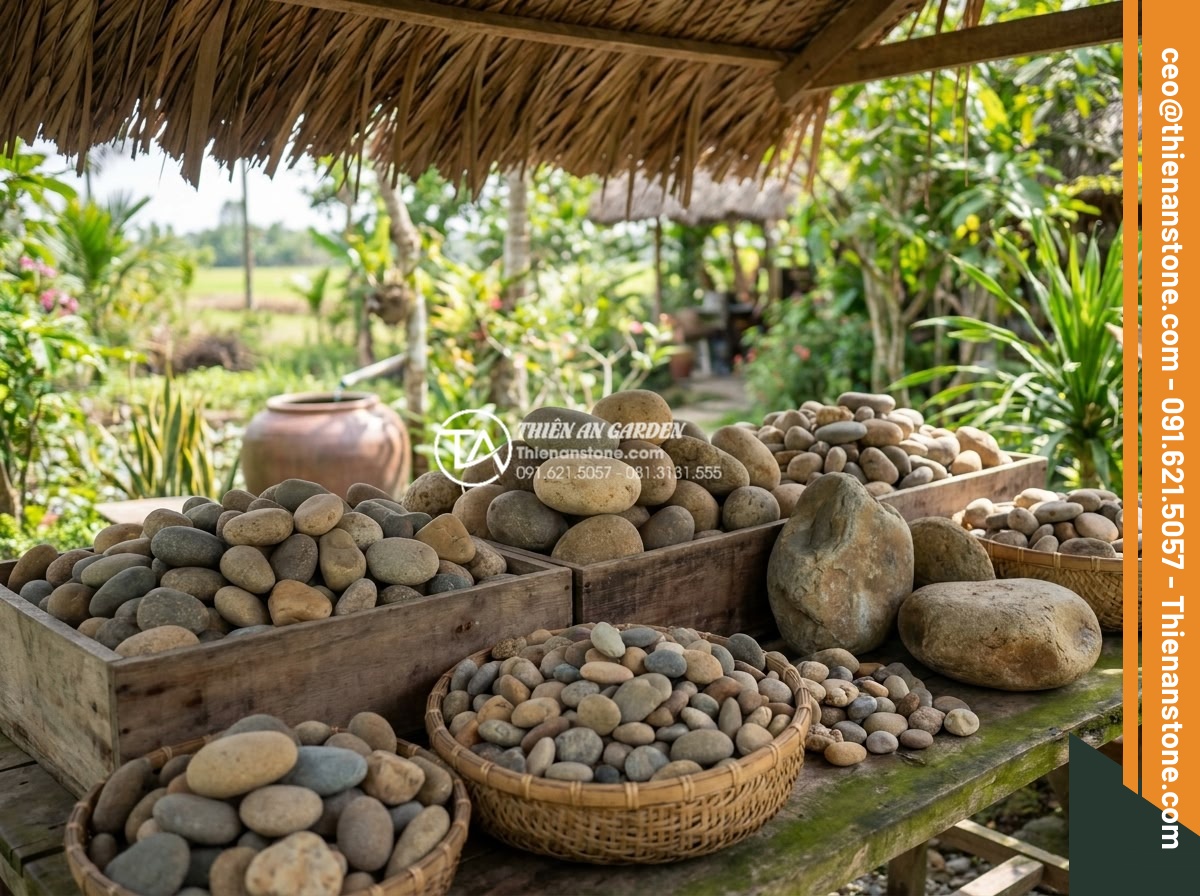 Cách trang trí đá cuội gầm cầu thang và giếng trời đẹp như kiến trúc sư - Selection of different types of natural pebbles including river and sea varietie