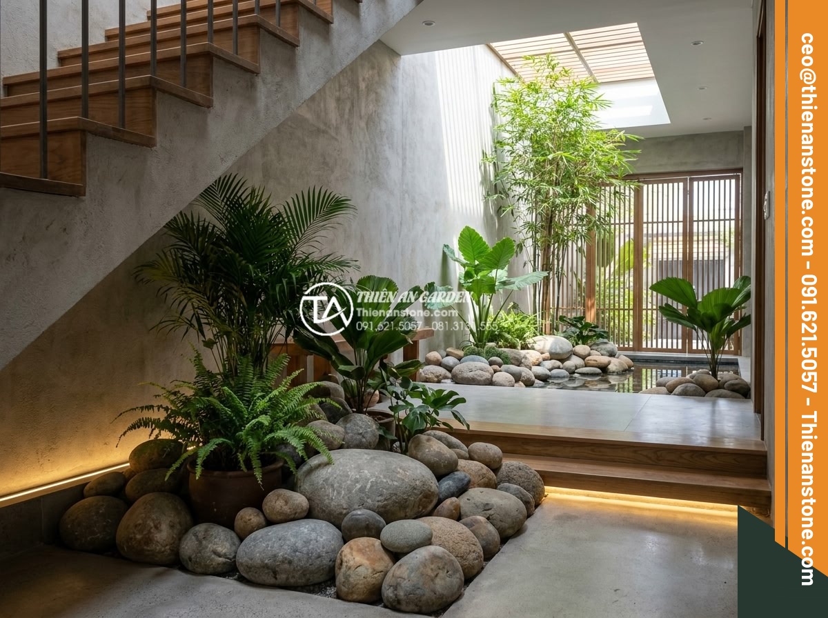 Cách trang trí đá cuội gầm cầu thang và giếng trời đẹp như kiến trúc sư - Professional architectural rendering of pebble stone decoration principles showi