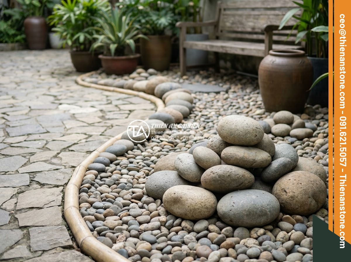 Cách trang trí đá cuội gầm cầu thang và giếng trời đẹp như kiến trúc sư - Diagram style image illustrating design principles for pebble decoration includi
