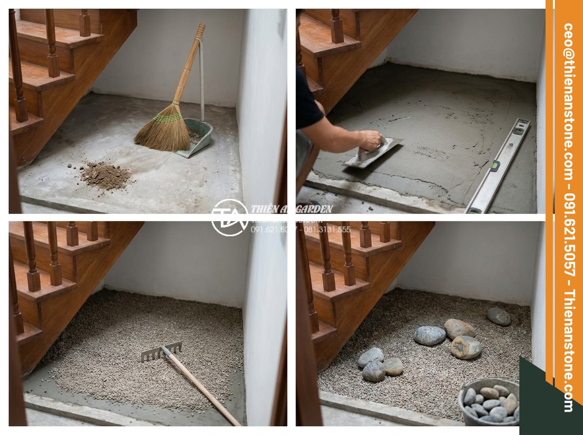 Cách trang trí đá cuội gầm cầu thang và giếng trời đẹp như kiến trúc sư - Step-by-step construction photo series of preparing under-stair area for pebble 