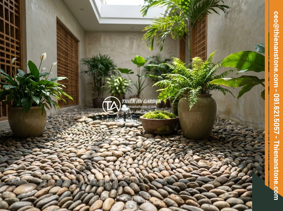 Cách trang trí đá cuội gầm cầu thang và giếng trời đẹp như kiến trúc sư - Creative pebble stone decoration in a bright atrium light well with natural sunl