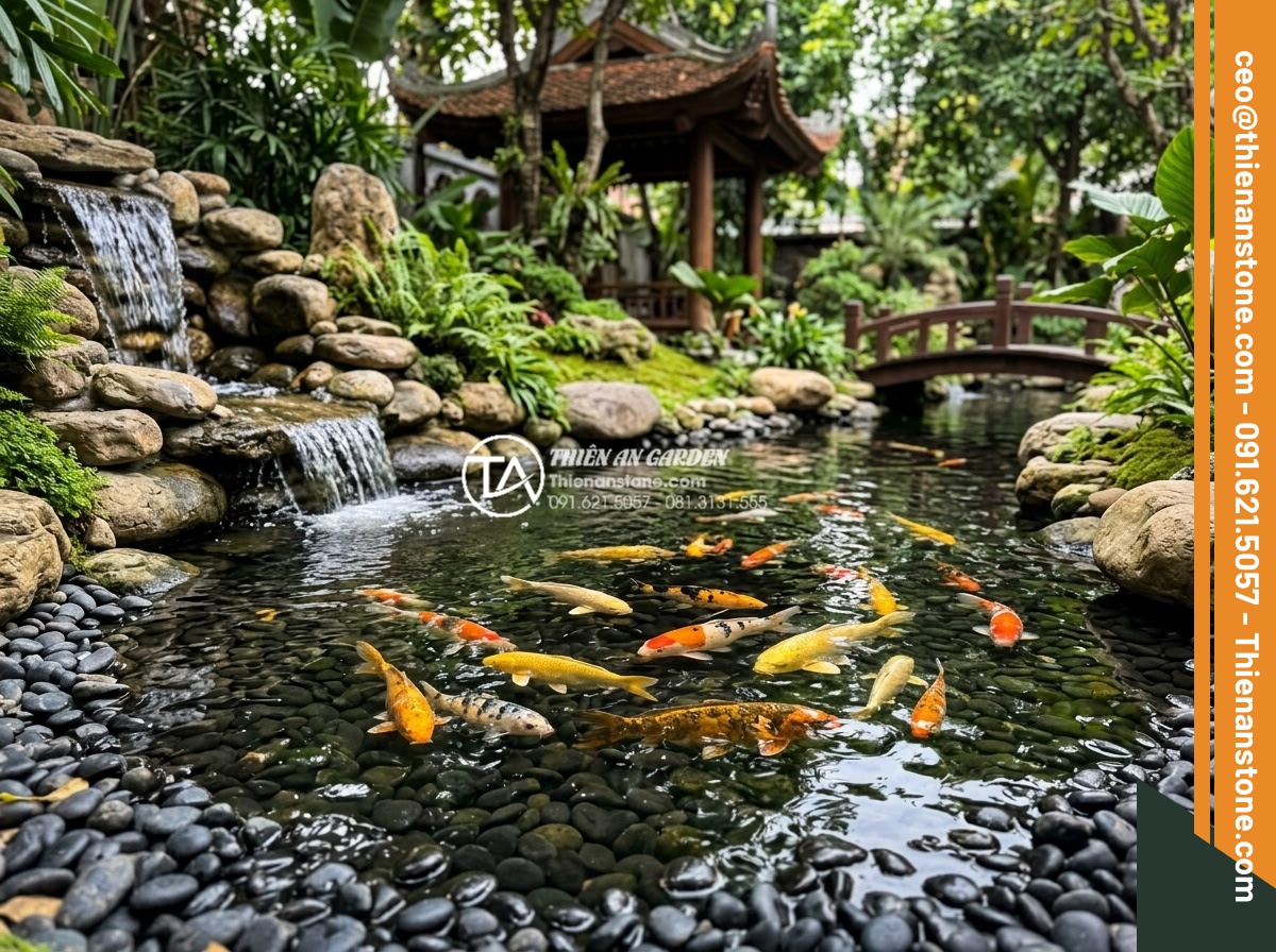 Cách xử lý đá cuội đen bị bạc màu và bí quyết giữ màu đá luôn bóng đẹp - Hình 17 Cách xử lý đá cuội đen bị bạc màu và bí quyết giữ màu đá luôn bóng đẹp - Elegant Koi pond with black pebbles lining the bottom and edges, colorful fish s