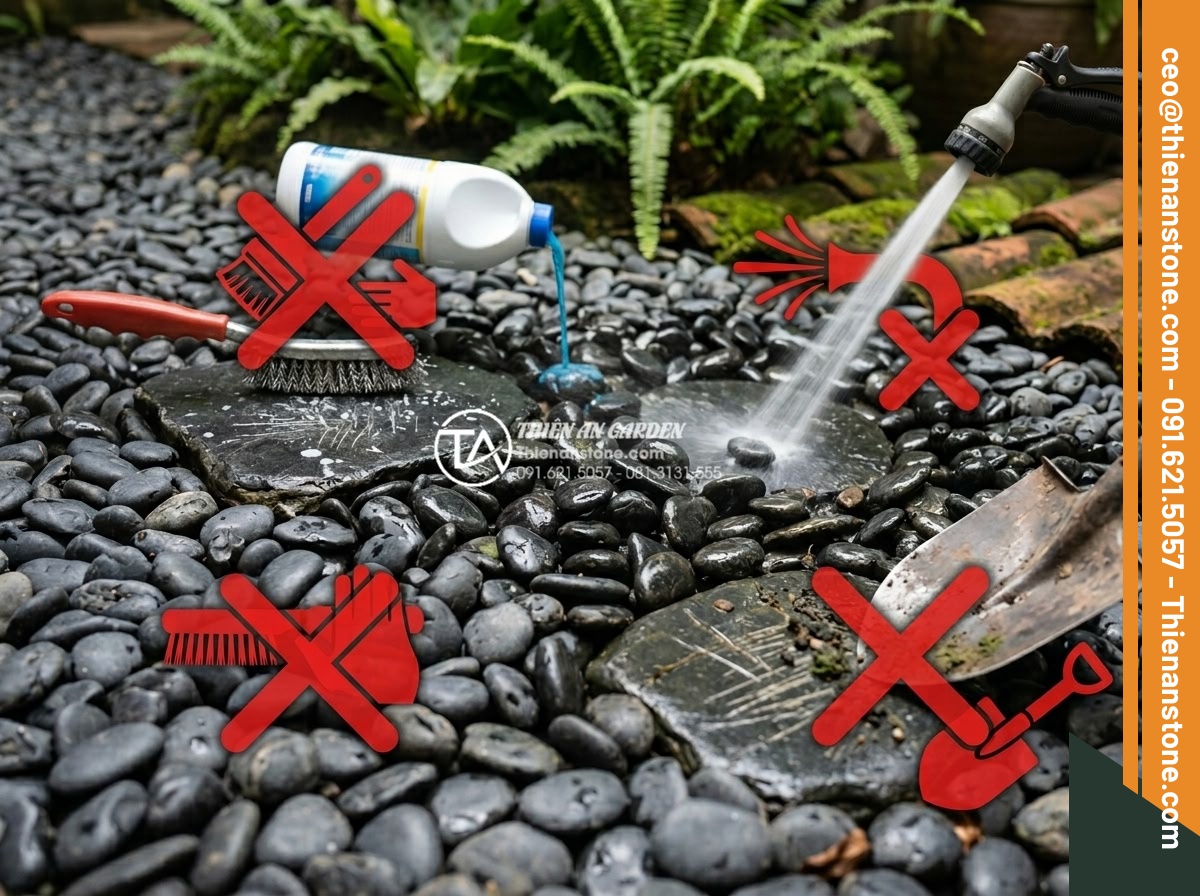 Cách xử lý đá cuội đen bị bạc màu và bí quyết giữ màu đá luôn bóng đẹp - Hình 19 Cách xử lý đá cuội đen bị bạc màu và bí quyết giữ màu đá luôn bóng đẹp - Common mistakes illustration showing incorrect cleaning methods on black pebbles