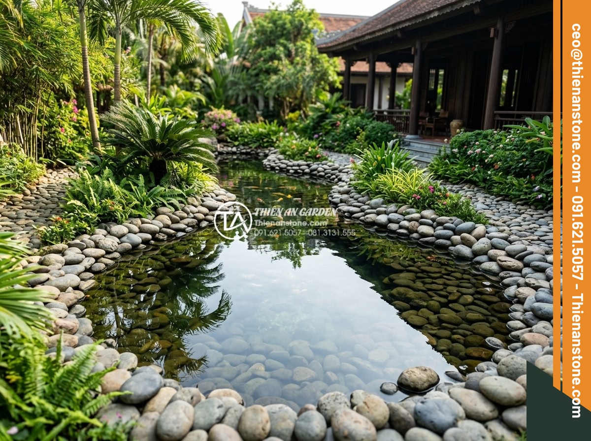 Cách xử lý đá cuội đen bị bạc màu và bí quyết giữ màu đá luôn bóng đẹp - Hình 2 Cách xử lý đá cuội đen bị bạc màu và bí quyết giữ màu đá luôn bóng đẹp - Wide angle view of a luxurious villa garden featuring black pebble stones arrang