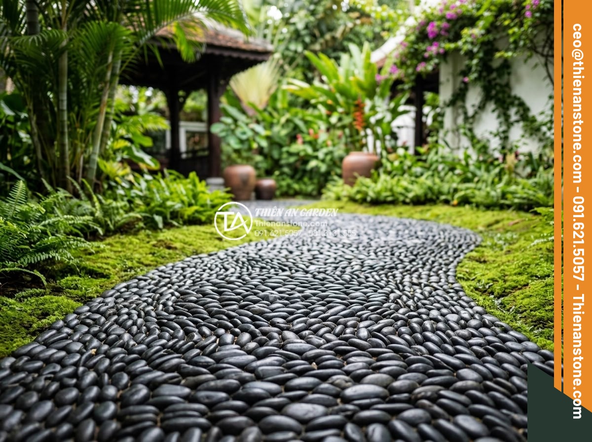 Cách xử lý đá cuội đen bị bạc màu và bí quyết giữ màu đá luôn bóng đẹp - Hình 20 Cách xử lý đá cuội đen bị bạc màu và bí quyết giữ màu đá luôn bóng đẹp - Perfectly maintained black pebble stone garden path looking luxurious and timele