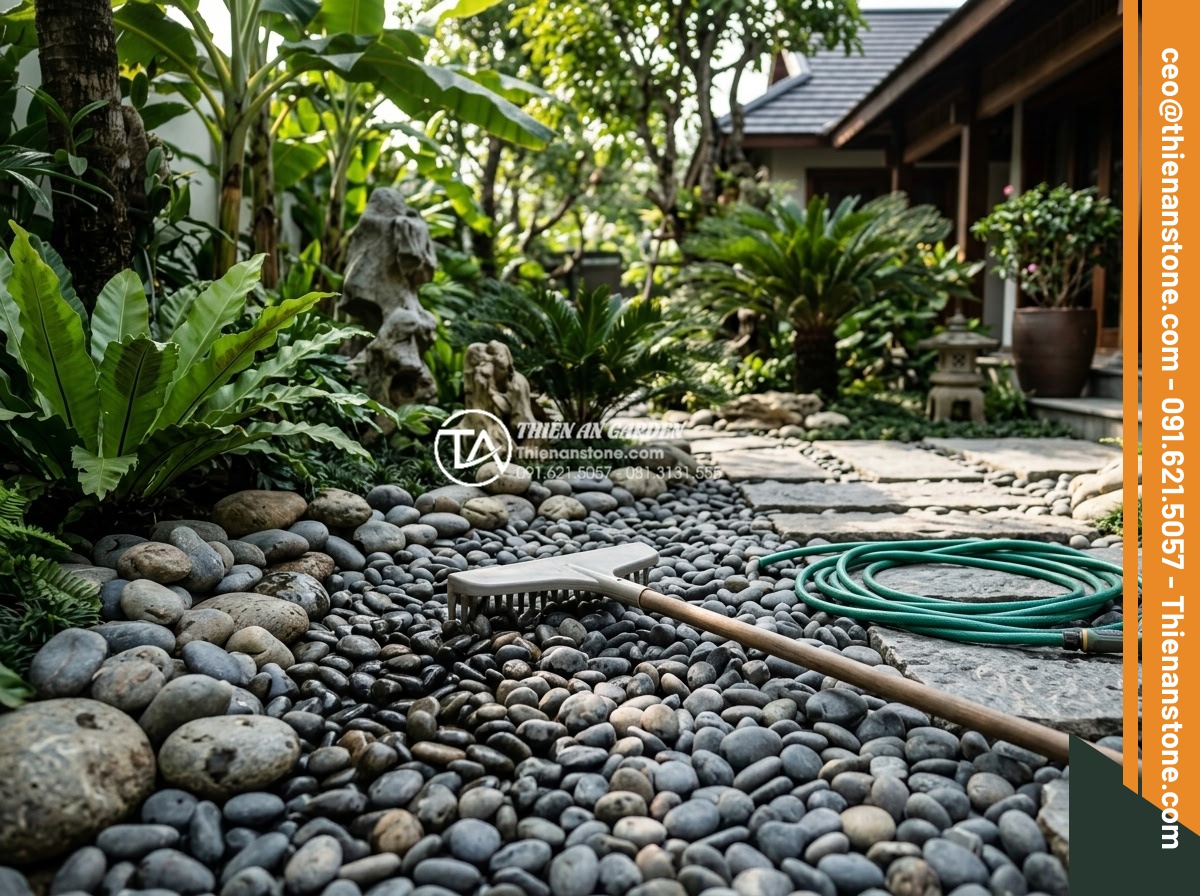 Cách xử lý đá cuội đen bị bạc màu và bí quyết giữ màu đá luôn bóng đẹp - Hình 21 Cách xử lý đá cuội đen bị bạc màu và bí quyết giữ màu đá luôn bóng đẹp - Professional team from stone company installing and maintaining black pebbles in