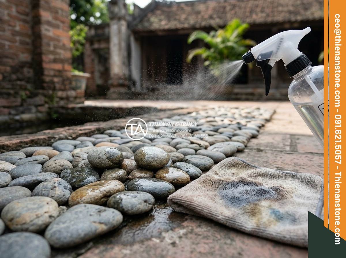 Cách xử lý đá cuội đen bị bạc màu và bí quyết giữ màu đá luôn bóng đẹp - Hình 9 Cách xử lý đá cuội đen bị bạc màu và bí quyết giữ màu đá luôn bóng đẹp - Professional worker applying stone color enhancer and polisher on black pebbles