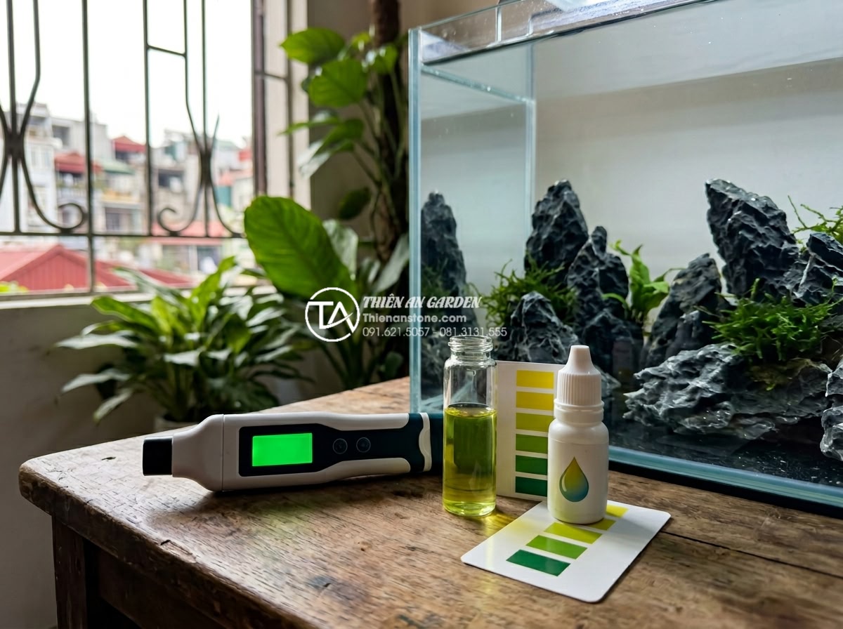 Cách xử lý đá tai mèo trước khi cho vào bể thủy sinh để tránh tăng pH - Digital pH meter and test kit results showing stable readings after proper cat e