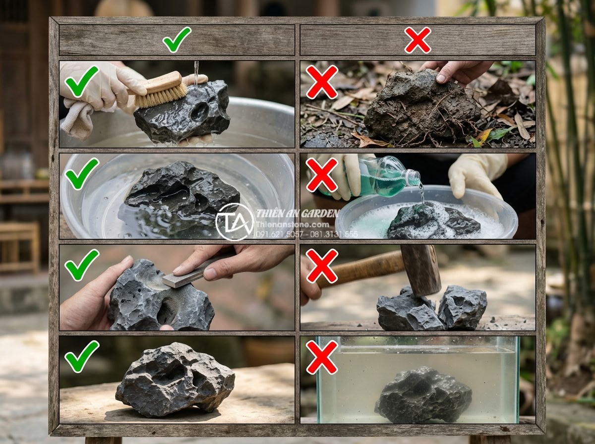 Cách xử lý đá tai mèo trước khi cho vào bể thủy sinh để tránh tăng pH - Checklist table format showing dos and don'ts for cleaning and processing cat ea