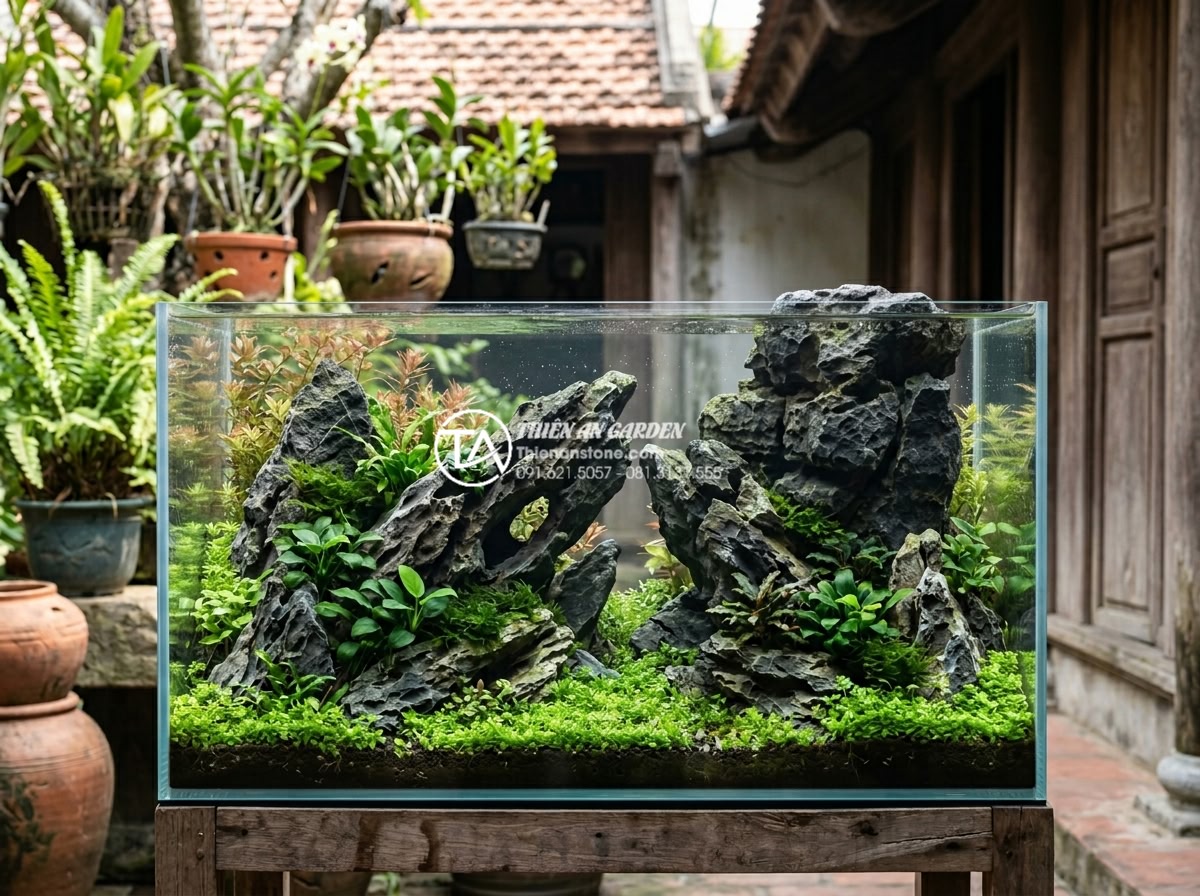 Cách xử lý đá tai mèo trước khi cho vào bể thủy sinh để tránh tăng pH - Beautiful aquascape example with properly processed cat ear stone creating natur
