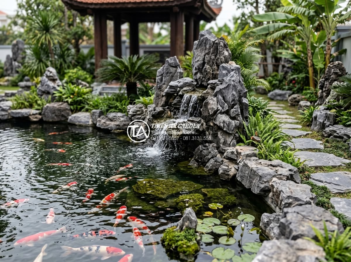 Cách xử lý đá tai mèo trước khi cho vào bể thủy sinh để tránh tăng pH - Completed luxury koi pond and aquascape installation using fully processed cat e