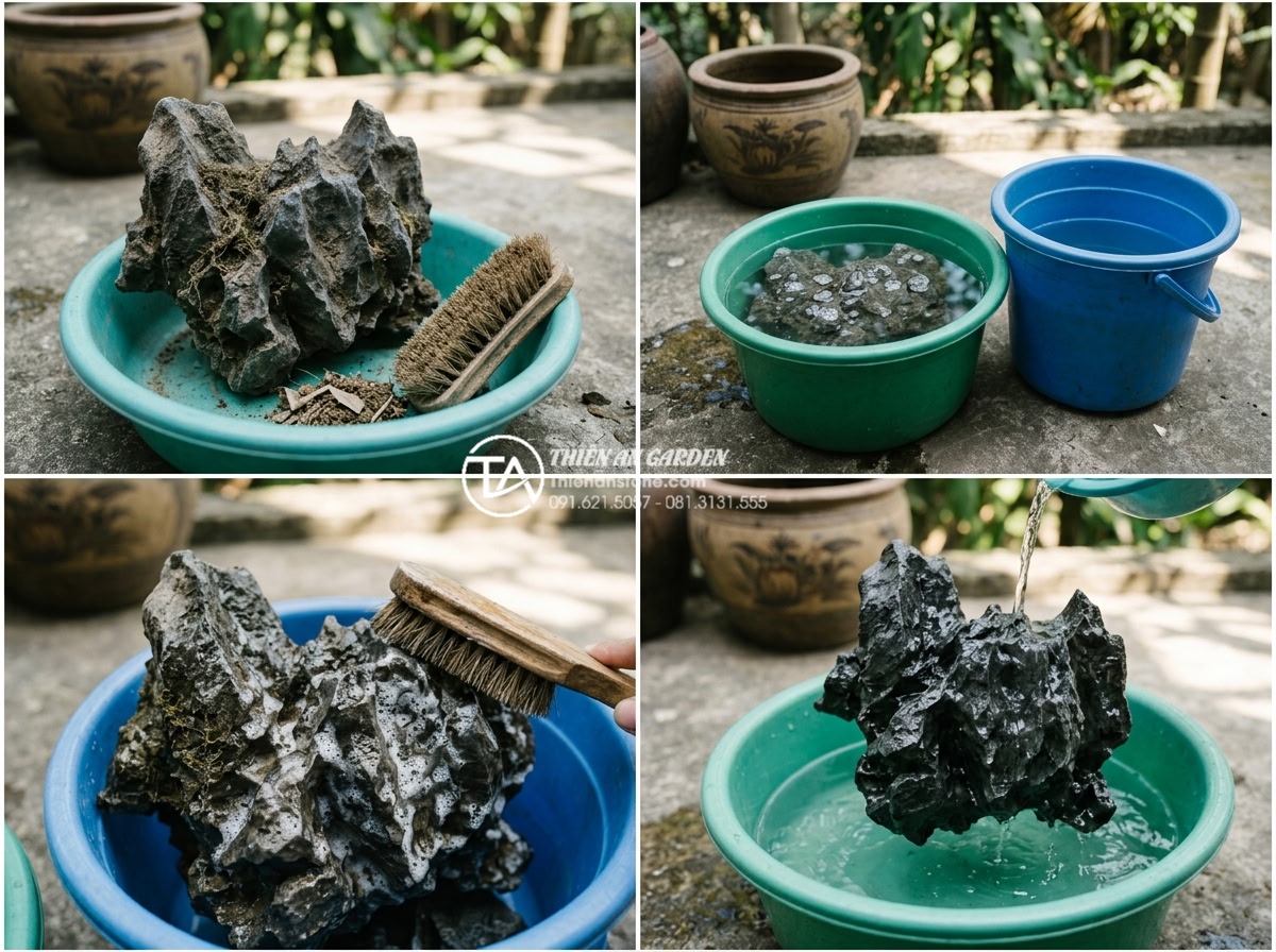 Cách xử lý đá tai mèo trước khi cho vào bể thủy sinh để tránh tăng pH - Step-by-step photo sequence of basic cat ear stone cleaning process including br