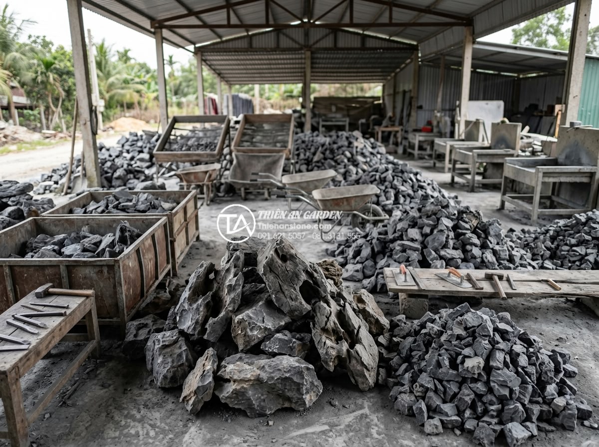 Cách xử lý đá tai mèo trước khi cho vào bể thủy sinh để tránh tăng pH - Professional workshop view of workers performing basic processing on large quant