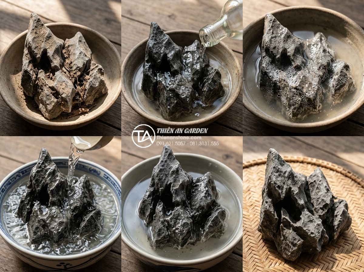 Cách xử lý đá tai mèo trước khi cho vào bể thủy sinh để tránh tăng pH - Detailed time-lapse sequence showing advanced soaking method of cat ear stone in