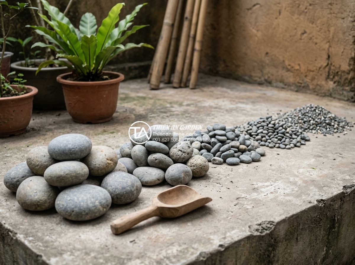 Checklist 5 bước vệ sinh đá cuội trước khi setup bể cá thủy sinh - Sorted piles of pebble stones categorized by size for different aquarium layout 