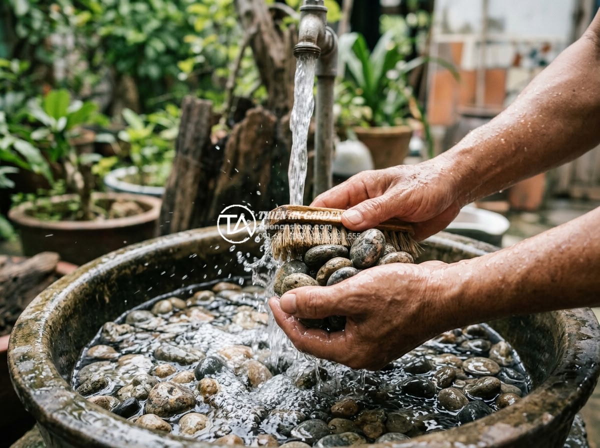 Checklist 5 bước vệ sinh đá cuội trước khi setup bể cá thủy sinh - Hands vigorously rinsing and brushing pebble stones under running water to remov